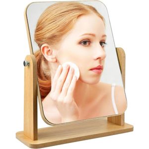 360-graden draaibare tafelblad make-up spiegel met standaard - houten vanity mirror desktop spiegel - houten frame cosmetische HD spiegel voor kantoor slaapkamer badkamer - groot