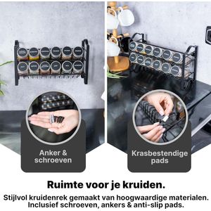 Kruidenrek Met Kruidenpotjes, 2-Laags Metalen Kruiden Organizer, Keuken Sorteerset Met 12 Kruidenpotjes, 48 Etiketten, Borstel, Trechter - Vrijstaand of Aan de Muur te Maken, Zwart