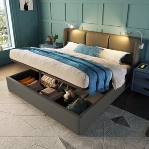 Sweiko Gestoffeerd bed Dubbele opbergbeddoos Leeslamp met oplaadfunctie Hoofdbord, Opslagbedden Bed frame PU jeugdbed 160x200 met lattenrost (Zonder matras)