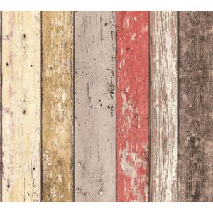 HOUTLOOK BEHANG | Industrieel - rood beige bruin geel - A.S. Création Elements