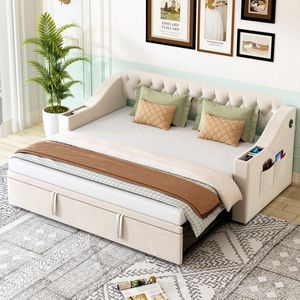 Sweiko Slaapbank - 90/180*190 cm - Met USB-laadpoort - Opbergtas - Lattenbodem - Fluwelen stof - Beige