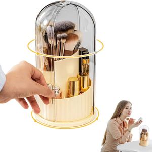 1 artikel - Draaibare make-upkwastenhouder met deksel - Opbergdoos voor make-upkwasten - Opbergemmer voor make-upkwasten - Bureaupenhouder - Stofdicht - 360° Roterend - Geel - Voor Badkamer en Make up Tafel