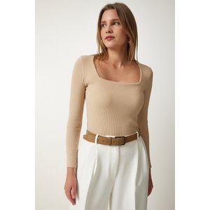 Happinessistanbul Donkerbruine Geribbelde Gebreide Damesblouse Met Vierkante Hals Gt00052