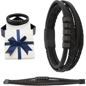 21cm gevlochten lederen armband met magnetische sluiting (5 stuks zwarte kralen) - Stijlvolle geschenkdoos verpakking voor festival viering - Cadeau voor mannen
