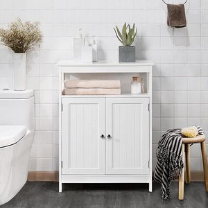 Badkamerkast vrijstaande keukenkast met verstelbaar rek en dubbele deur vrijstaande badkamer wit 60 x 30 x 80 cm HM-YAHEE-591910