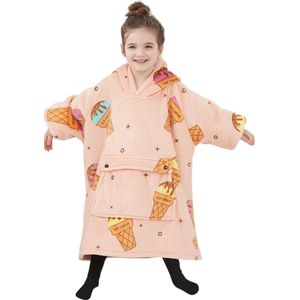 Fleece kinder poncho - plaid met mouwen en capuchon voor kinderen - oversized hoodie kind - fleece deken met mouwen – hoodie plaid voor kinderen - hoodie blanket - TV deken – zacht & warm - maat 116 t/m 134 - ijsjes