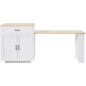 Uitschuifbare bartafel met opbergruimte (133-202×70×93,5cm), met 2 lades en 2 compartimenten, uitschuifbare keukentafel voor 2-6 personen, keukentrolley met zijplanken, wit
