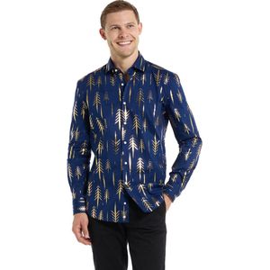 OppoSuits Heren Overhemd Teriffic Trees - Mannen Shirt - Kerst Outfit - Oud en Nieuw - Blauw - Maat S
