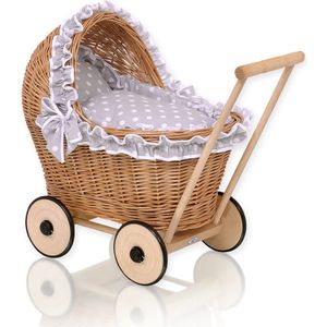 Rieten poppenwagen met grijs beddengoed en zachte vulling - naturel