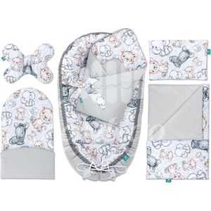 Lantigo 6-delig babynest set voor pasgeborenen, baby nestje, babykussen, babydeken, babyhoorntje, eerste babyuitrusting - 100% katoen, 95×55 cm - Safari met grijs fluweel