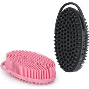 Siliconen Lichaamsborstel met Lushandgreep - Dubbelzijdige Baddoucheborstel voor Diepe Reiniging en Massage - Zwart & Roze