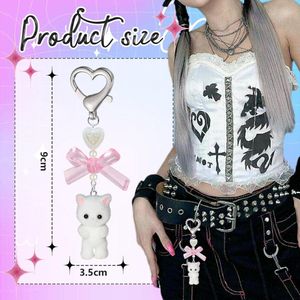 Leuke Y2K kat sleutelhanger pluizige decoratie cadeau voor kattenliefhebbers vriendin Y2K hartvormige strik voor vrouwen en meisjes wit.