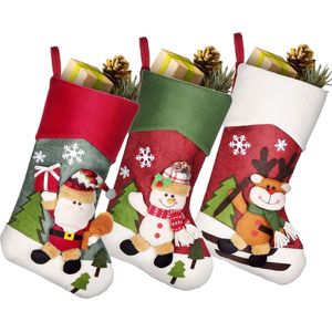 Kerstkousen, set van 3 stuks, om te vullen, 44 x 21 cm, rendier sneeuwpop als kerstcadeautas, hangende kousen op open haard, etalage, kerstdecoratie