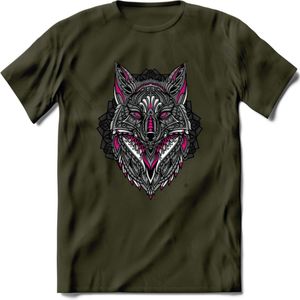 Vos - Dieren Mandala T-Shirt | Roze | Grappig Verjaardag Zentangle Dierenkop Cadeau Shirt | Dames - Heren - Unisex | Wildlife Tshirt Kleding Kado | - Leger Groen - XXL