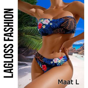 LaGloss® Bikini Set Strapless Blauw met Bloemen – 2-Delige Bandeau Damesbadmode – Maat S