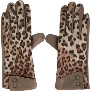 Zachte dames stretch handschoenen luipaard print dierprint beige naturel met touchscreen maat L / 8