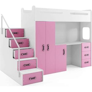 tienerbed/hoogslaper met bureau en matras Max 4 Wit roze