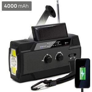 Kaaiman® Noodradio - Solar Opwindbaar - Dynamo - Solar - Zonnepaneel - Opwindbaar - Zaklamp - Powerbank 4000 mAh - Survival / Camping radio - FM - AM - Leeslamp - USB-C - SOS Alarmsurvival / camping radio - Noodpakket - Overleving - Zwart