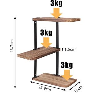 Gran Vida® - Hoekrek Industrieel - Wandmontage - Metaal & Grenenhout - Zwart/Bruin