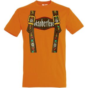 T-shirt Lederhosen man | Oktoberfest dames heren | Tiroler outfit | Carnavalskleding dames heren | Oranje | maat S