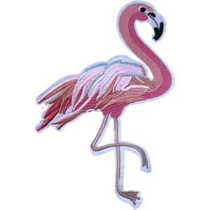 Roze Flamingo XXL Strijk Embleem Patch Links 18 cm / 28 cm / Roze Zalm Wit Zilver