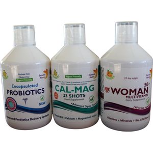 Triple pack Probiotica+CalciumMagnesium+Woman50 multivitamine is een unieke mix van vitaminen en mineralen. Al deze ingrediënten en nutriënten zorgen voor een verbetering van energie en uithoudingsvermogen. Deze blend valt onder de Multivitaminen