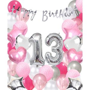 Snoes Ballonnen 13 Jaar Pink Blush Silver Mega Ballon - Compleet Feestpakket 13 Jaar - Verjaardag Versiering Slinger Happy Birthday – Folieballon – Latex Ballonnen - Helium Ballonnen - Zilver en Roze Verjaardag Decoratie
