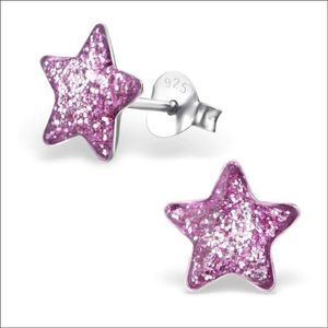 Aramat jewels ® - Zilveren kinder oorbellen ster glitter paars 9mm