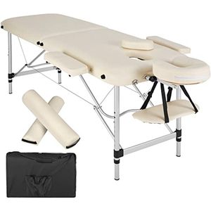 tectake® - Inklapbare en in hoogte verstelbare massagetafel - Aluminium met 2 zones - Incl. hoofd- en armleuningen - Mobiele massagebank incl. tas, hele en halve rol - beige