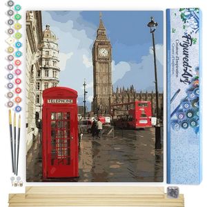 Figured'Art Schilderen op Nummer Volwassenen canvas Rode telefooncel in Londen - Handwerk acrylverf Kit DIY Compleet - 40x50cm met DIY houten lijst