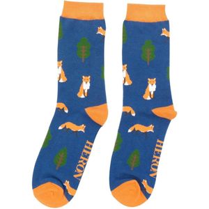 Mr Heron - heren sokken vossen en bomen - navy - dierenprint - vossenprint - vos - bamboe sokken -cadeau - leuke sokken