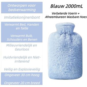 Premium Warmwaterkruik met Hoes 2L - Kruik met Zachte Imitatie Konijnenbont Hoes - Warmwaterzak van PVC met Hoge Dichtheid - Bedkruik voor Volwassenen - Lekvrije Bedkruik - Blauw