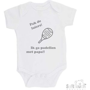 100% katoenen Romper ""Pak de luiers! Ik ga padellen met papa!!"" Padel Unisex Katoen Wit/grijs Maat 56/62