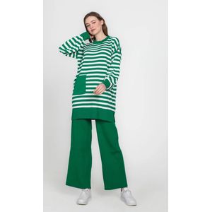 SOCKSTON- Gebreide Pak- Loungewear- Dames huispak - moederdag cadeautje - cadeau voor dames- Ribgebreide broek en trui - groen met witte strepen