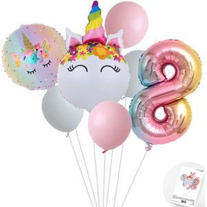 Eenhoorn Unicorn Sweet Color Ballonnen Set - Snoes - Cijfer Ballon 8 Jaar - Roze - Wit - Pastel