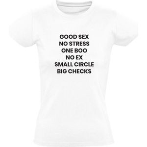 Good Sex | Dames T-shirt | Wit | No Stress | One Boo | No Ex | Small Circle | Big Checks