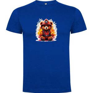 Kobalt Blauw T-Shirt met “Kleurrijke Brandweer TeddyBeer “ Print Full Color Maat S