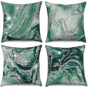 Selbro®, Kussensloop, 40 x 40 cm, set van 4, modern, licht, luxe, groen, glanzend, marmertextuur, voor bank, sierkussen, wasbaar, polyester en vlas textiel, bekleding