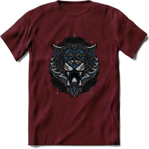 Tijger - Dieren Mandala T-Shirt | Blauw | Grappig Verjaardag Zentangle Dierenkop Cadeau Shirt | Dames - Heren - Unisex | Wildlife Tshirt Kleding Kado | - Burgundy - XL
