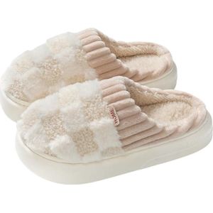 Slippers - Pantoffels - pantoffels dames - Pluche huispantoffels - Geruite pantoffels - Huisschoenen - Slippers voor heren en dames - Slaapkamerslippers van traagschuim - Comfeet - Antislip -warme instapschoenen - Maat 37-38 - Wit