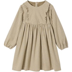 Meisjesjurk - Olijf - Met Ruches - Vichyruiten - Lange Mouwen