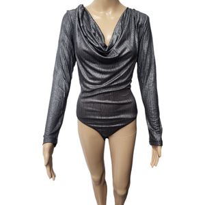 Dames - Bodystocking - Bodyfashion - Met Diepe Ronde hals - Korte Mouwen - Kleur Grijs - Maat S-M