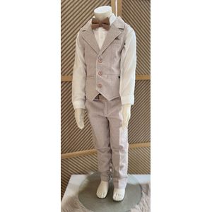 luxe jongens kostuum-kinderpak- kinderkostuum-3 delige set -crème witte hemd, beige vest en broek, camel vlinderstrik-bruidsjonkers-bruiloft-feest-verjaardag-fotoshoot- 1 jaar