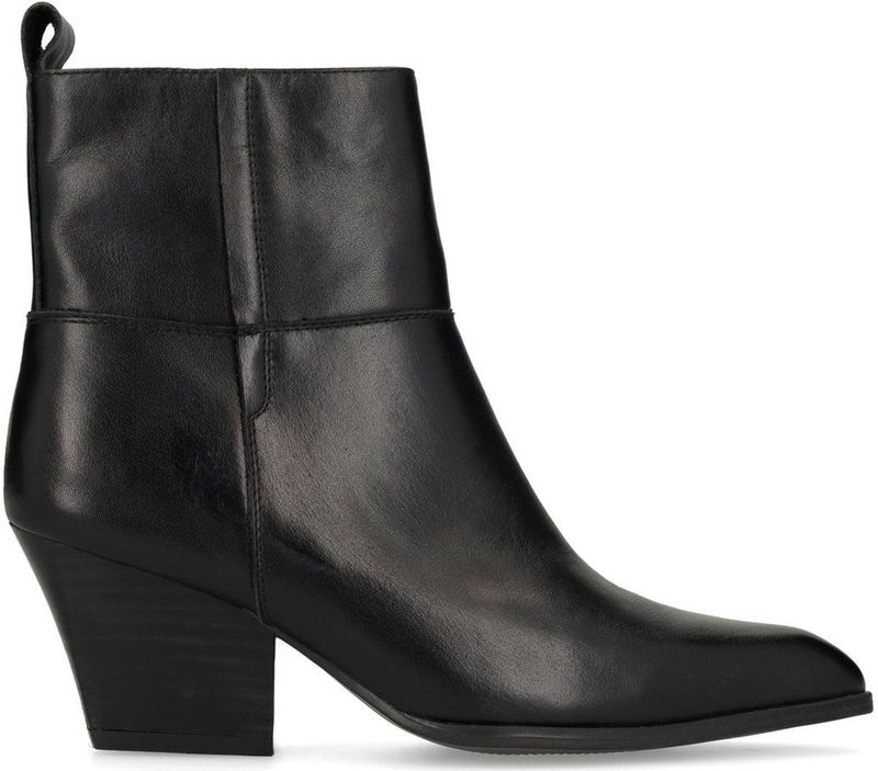 Manfield - Dames - Zwarte leren enkellaarsjes met hak - Maat 36