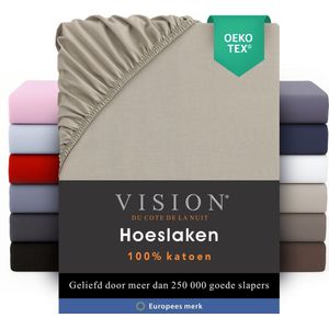Vision - Hoeslaken - 100% katoen - 90 x 200cm verpakt per 2 stuks - Geschikt voor boxspring matras: ruime hoek van 30cm - Beige - Oekotex gecertificeerd