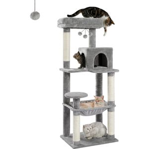 Kattentoren - Krabpaal - voor volwassen katten - Luxe kattenboom - grote kattenspeeltoren - aktiviteitencenter - stabiel - kattenboom met hangmat en mooi kattenhuis - grijs, 143 cm