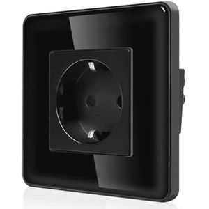 Glazen enkel stopcontact met kinderbeveiliging - 16A inbouw Schuko wandcontactdoos zwart