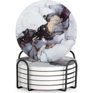 iBright Onderzetters voor glazen - Set van 8 met houder - Absorberend - Rond - Zwart / Goud / Navy - Marble - Marmer Design - Coasters