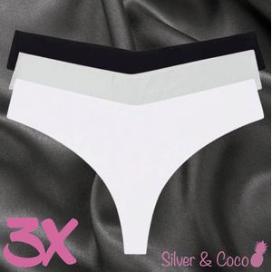 SilverAndCoco® - 3 Stuks Naadloze Strings / Seamless Onderbroek String Dames / Zacht Brazilian Slipje / Naadloos Stretch Ondergoed Vrouw / Zwarte Witte Grijze Strings Dames Lingerie Broekje Slip Black - Zwart Wit Grijs / Extra Large XL