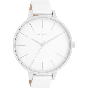 Zilverkleurige OOZOO horloge met witte leren band - C11345